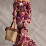 Rose Pink Floral Off-Shoulder Chiffon Maxi Dress