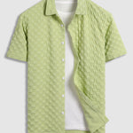 Men's solid color seersucker textured plaid casual short-sleeved shirt