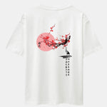 Plum Blossom And Crane Back Print Drop Shoulder Oversize T-Shirt