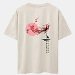 Plum Blossom And Crane Back Print Drop Shoulder Oversize T-Shirt