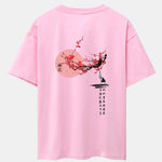 Plum Blossom And Crane Back Print Drop Shoulder Oversize T-Shirt