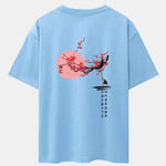 Plum Blossom And Crane Back Print Drop Shoulder Oversize T-Shirt