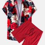 Tropical Flowers Print Button Up Shirt & Solid Drawstring Swim Shorts