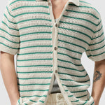 Men's Striped Hollow Knitted Casual Lapel Short Sleeve Shirt