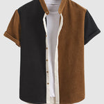 Men's corduroy patchwork stand-collar button-down short-sleeved shirt