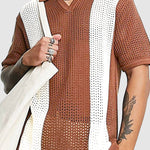 Men's Hollow Color Block Casual Knitted Pullover Polo