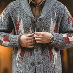 Men's vintage jacquard lapel button-knit sweater