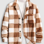 Men's Classic Plaid  Fluffy Faux Fur Single Pocket Button Lapel Jacket