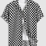 Men's Black and White Checkerboard Corduroy Short Sleeve Shirt