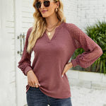 Zeagoo V Neck Tops Solid Color Blouse Long Sleeve Pullover Lace Patchwork Shirt