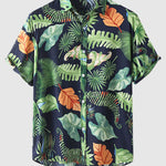 Men's Cotton-Linen Hawaiian Floral Print Resort Short Sleeve Shirt