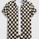 Men's Plaid Floral Satin Button-Down Short Sleeve Shirt