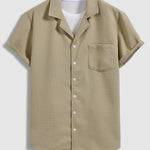 Men's Textured Waffle Cuban Collar Shirt Corduroy Casual Shorts Set