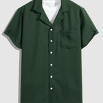 Men's Solid Color Textured Cuban Collar Button-Down Short Sleeve Shirt