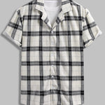 Men's Plaid Pleated Brushed Cuban Collar Short Sleeve Shirt Casual Shorts Set