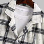 Men's Plaid Pleated Brushed Cuban Collar Short Sleeve Shirt Casual Shorts Set