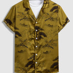 Men's Chinese Crane Pattern Satin Cuban Collar Short Sleeve Shirt