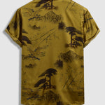 Men's Chinese Style Crane Satin Cuban Collar Shirt Casual Shorts Set