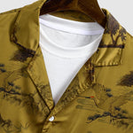 Men's Chinese Style Crane Satin Cuban Collar Shirt Casual Shorts Set