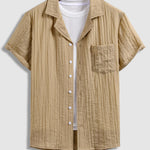 Men's Textured Cuban Collar Button-Down Solid Color Short Sleeve Shirt