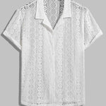 Men's Lace Hollow Loose Fit Cuban Collar Short Sleeve Shirt