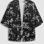 Men's Dragon Totem Satin Chinese Style Kimono Casual Shorts Set