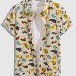Men's Cotton Linen Cartoon Dinosaur Print Casual Short Sleeve Shirt