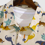 Men's Cotton Linen Cartoon Dinosaur Print Casual Short Sleeve Shirt