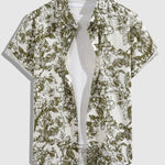 Men's Cotton Linen Plant Print Casual Short Sleeve Shirt