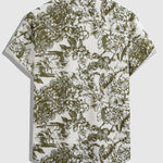 Men's Cotton Linen Plant Print Casual Short Sleeve Shirt