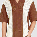 Men's Hollow Color Block Casual Knitted Pullover Polo
