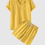 Men's solid color cotton-linen casual vacation short-sleeved shirt and shorts set