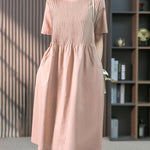 Zeagoo Women's Crew Neck Cotton Linen Plain Dress Casual Loose Short Sleeve Sundress with Pockets