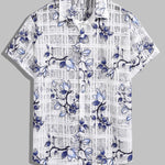 Men's Floral Plaid Print Cutout Button Short Sleeve Shirt