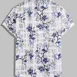 Men's Floral Plaid Print Cutout Button Short Sleeve Shirt