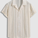 Men's Solid Color Hollow Cuban Collar Crochet Short Sleeve Shirt