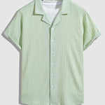 Men's Striped Textured Cuban Collar Button-Down Shirt Casual Shorts Set