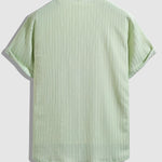 Men's solid color striped textured Cuban collar casual short-sleeved shirt