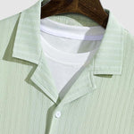 Men's solid color striped textured Cuban collar casual short-sleeved shirt