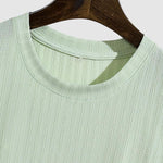 Men's Solid Color Striped Texture Cuban Collar Casual Round Neck T-Shirt