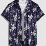 Men's Velvet Floral Pattern Button-Down Casual Short Sleeve Shirt