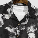 Men's Floral Crane Print Sheer Casual Short Sleeve Shirt