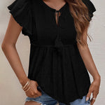 Zeagoo Eyelet Tie-Neck Flutter-Sleeve Top Solid Color Casual Blouse for Women Casual Work Office Loose Fit 2026 | Under $40