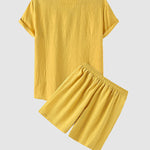 Men's solid color cotton-linen casual vacation short-sleeved shirt and shorts set