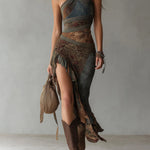 Ethnic-Style Printed One-Shoulder Maxi Dress with High Slit