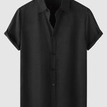 Men's solid color Cotton-linen button casual short-sleeved shirt