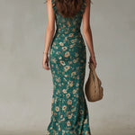 Bohemian Green Printed Maxi Dress with Ruffled Sleeves