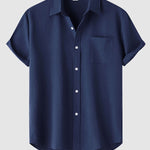 Men's Solid cotton casual lapel solid color short-sleeved shirt