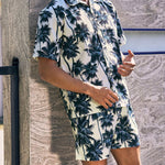 Men's tropical coconut tree print short-sleeved Hawaiian resort shirt + casual shorts two-piece set