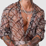 Men's  Sexy Sheer Plaid Colorful Print Long Sleeve Shirt